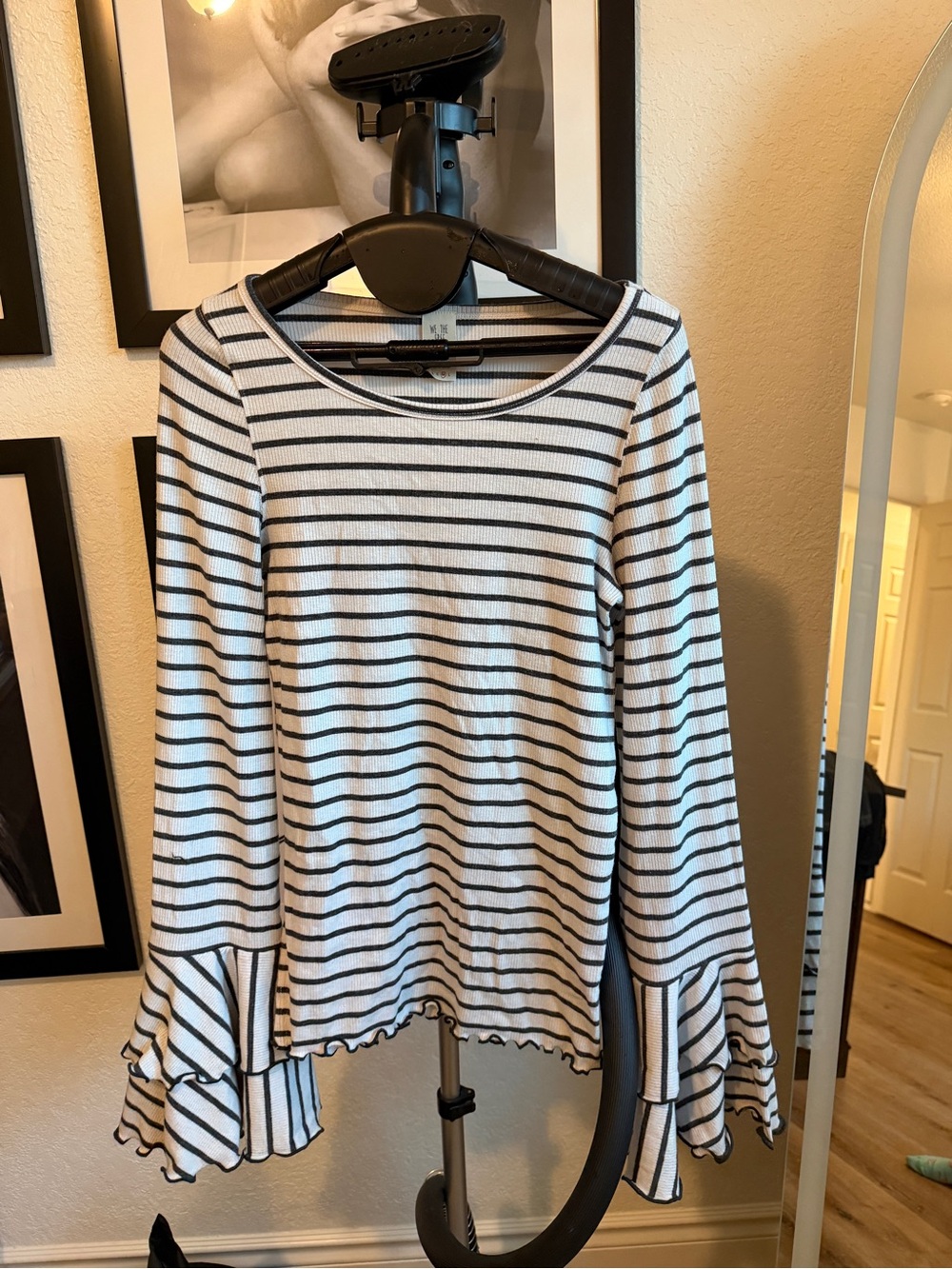 Free People Black and White Striped Ruffle-Sleeve Long Sleeve Top